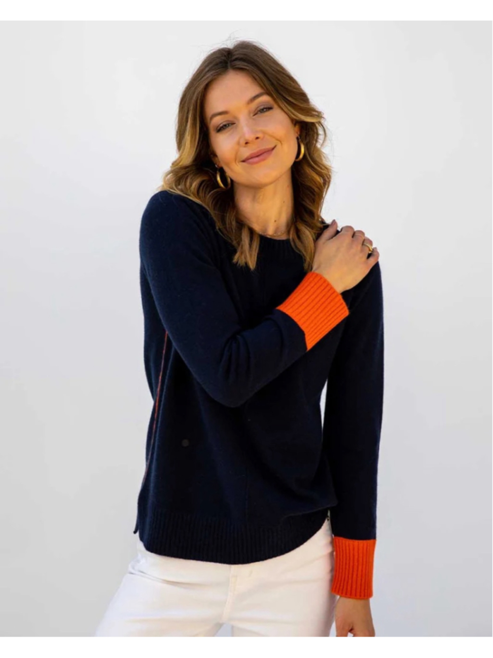 Women's Pura Cashmere Crew Neck Sweater Size M Navy Orange